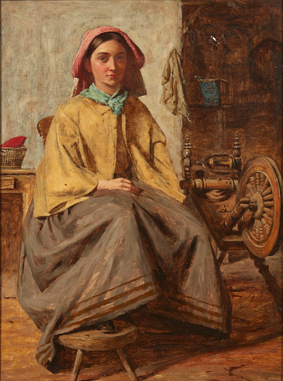 Vid spinnhjulet (olja på duk) av Thomas (follower of) Faed