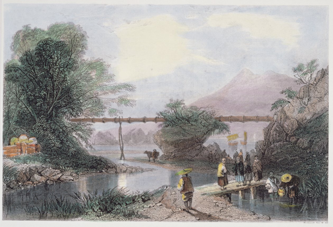 Bamboo Aqueduct at Hong Kong, graverad av Henry Adlard, från "China in a Series of Views" av George Newenham Wright (ca 1790-1877) 1843 av Thomas Allom