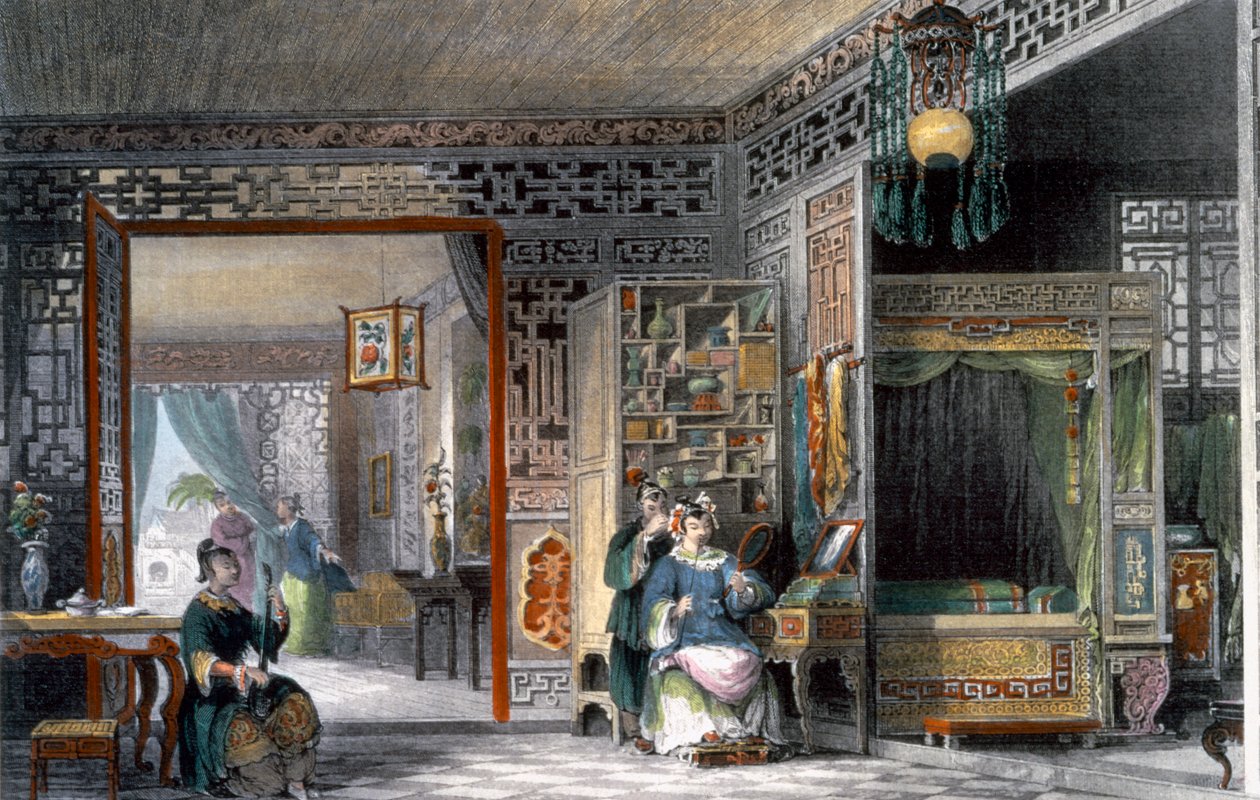 Boudoir och sängkammare för en dam av rang, Kina, 1843 av Thomas Allom