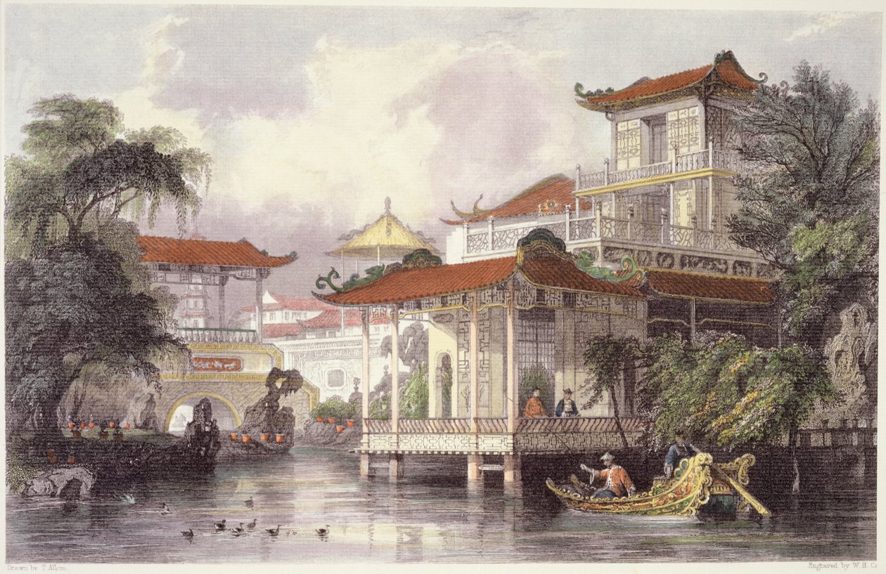 Hem för en kinesisk köpman nära Canton, från "China in a Series of Views" av George Newenham Wright (ca 1790-1877) 1843 av Thomas Allom