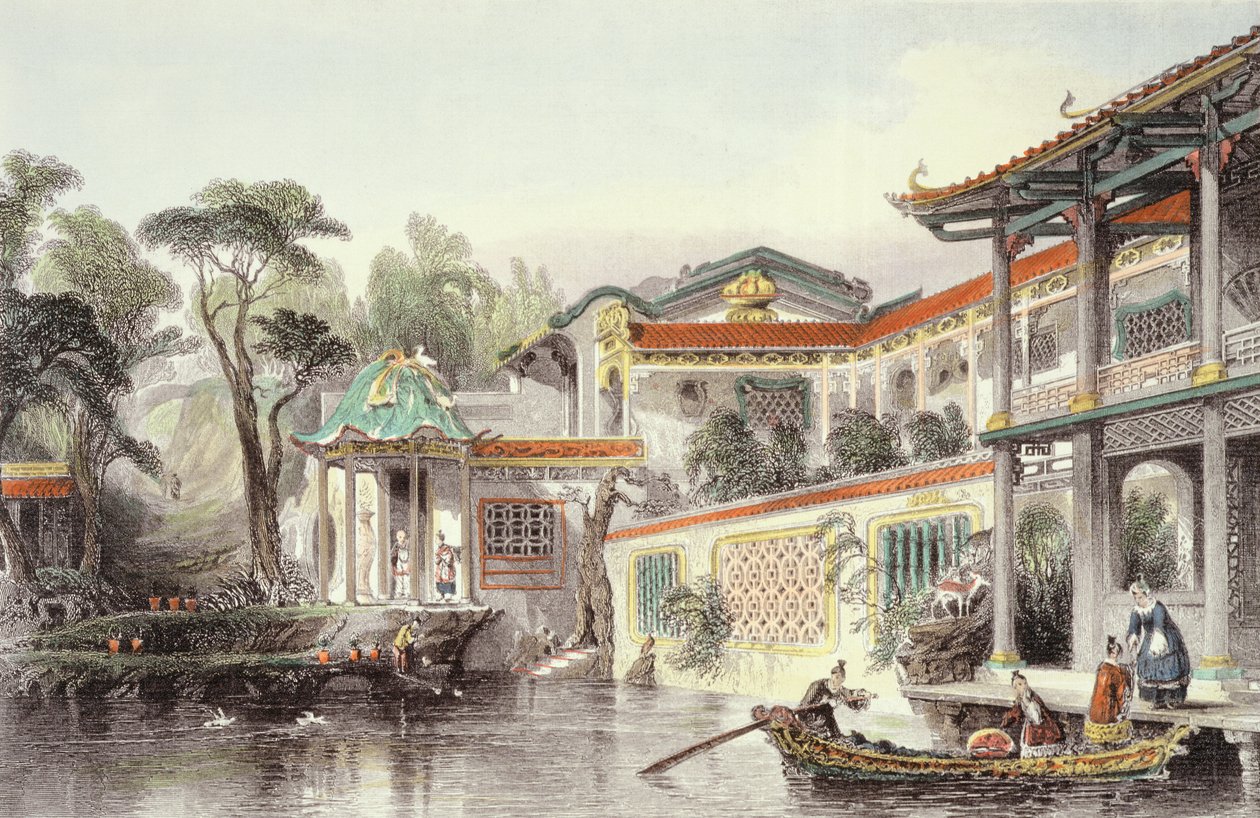 House of Conseequa, en kinesisk köpman, i Cantons förorter, från "China in a Series of Views" av George Newenham Wright (ca 1790-1877) 1843 av Thomas Allom