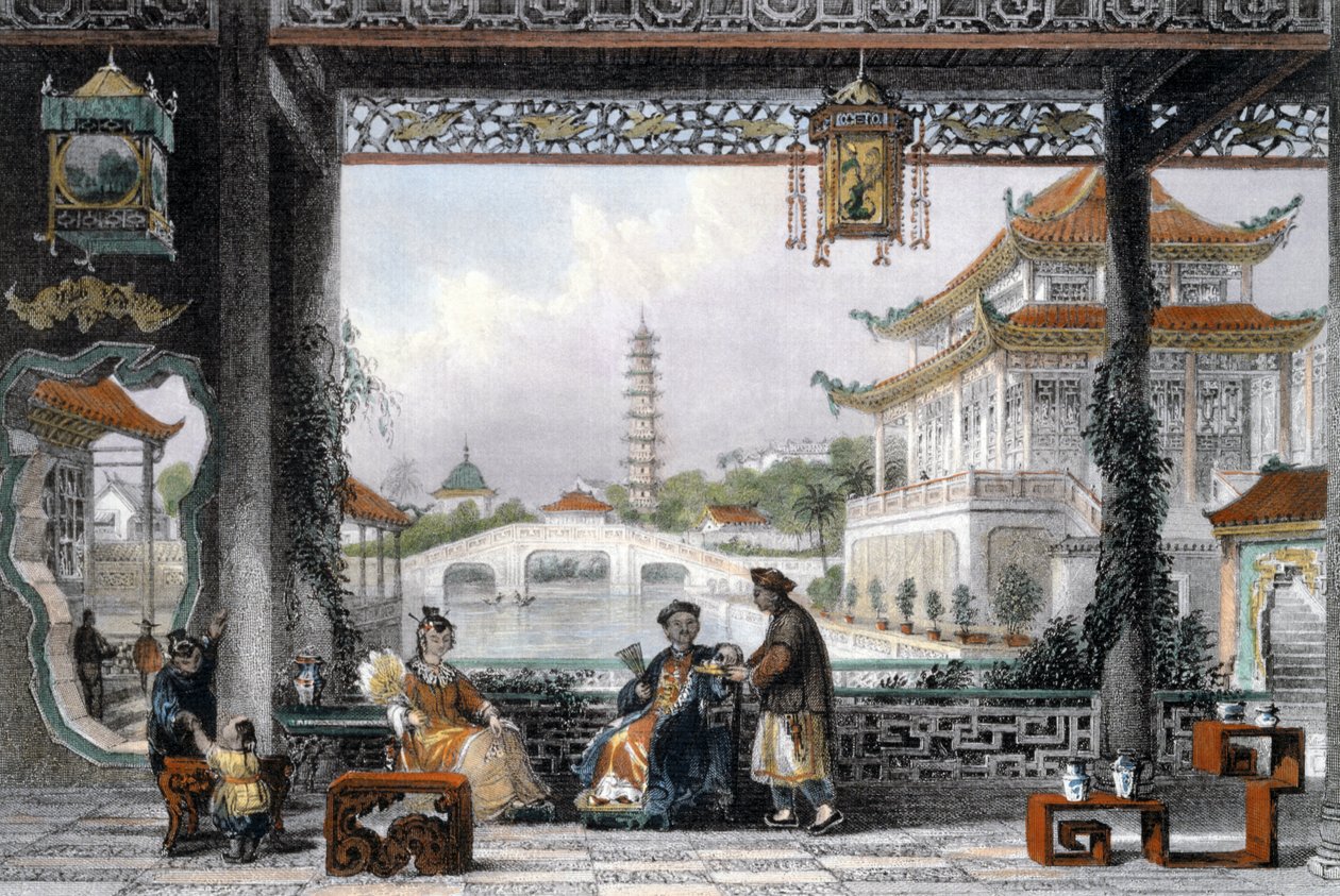 "Pavilion and Gardens of a Mandarin near Peking", Kina, 1843 av Thomas Allom