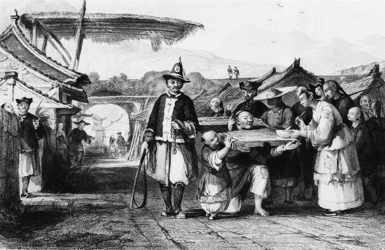 Bestraffning med tcha eller cangue (träok eller skampåle), gravyr av Thomas Allom (1804-1872) från Kinesiska imperiet av Thomas Allom