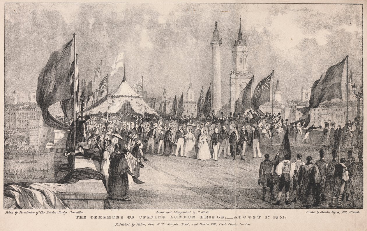 Ceremonin för öppning av London Bridge med Old London Bridge i bakgrunden av Thomas Allom