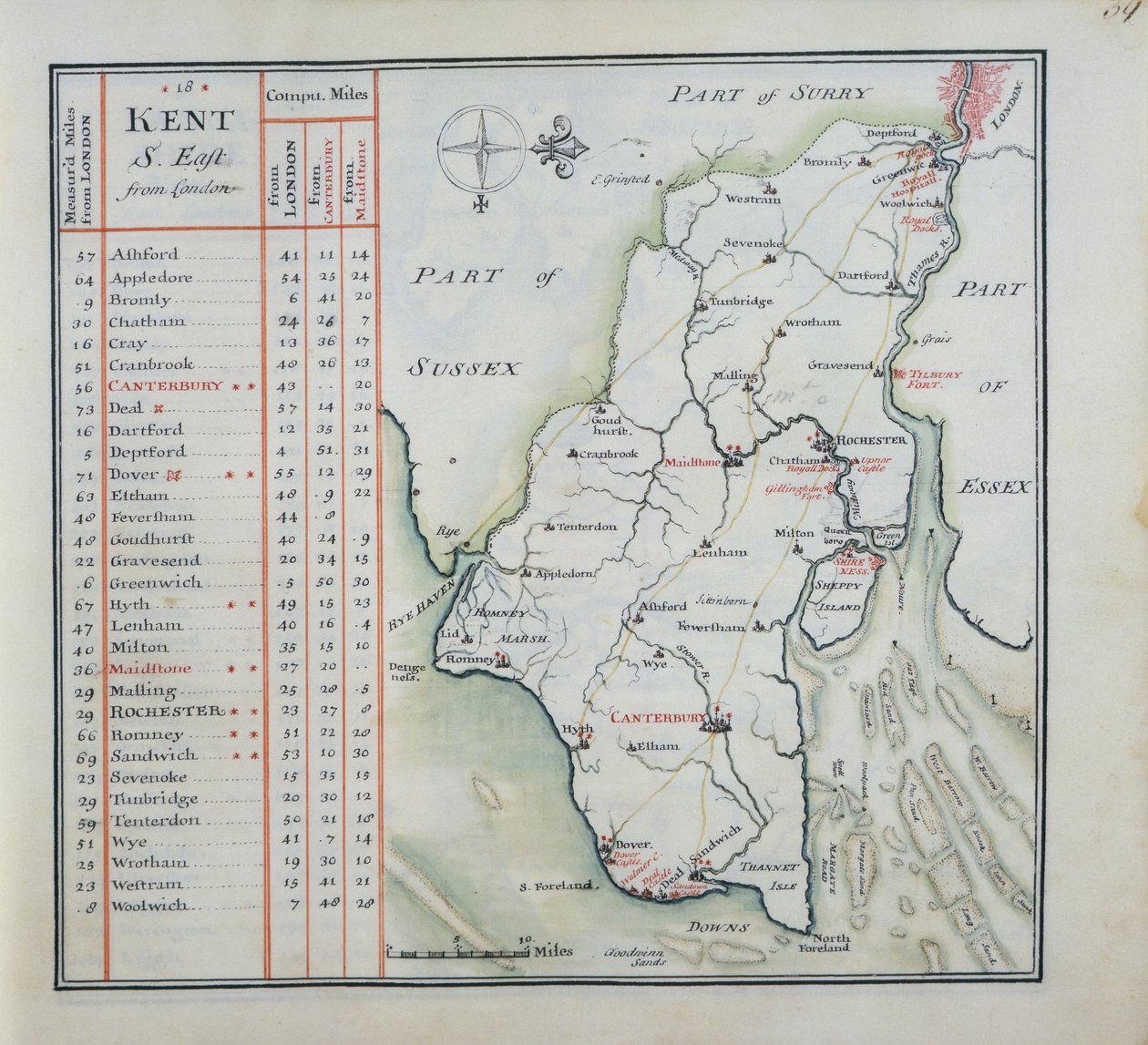 Kent, plåt 39r, från A Complete Set of Maps of England and Wales in General..., 1724 (penna & bläck och wc på papper) av Thomas Badeslade