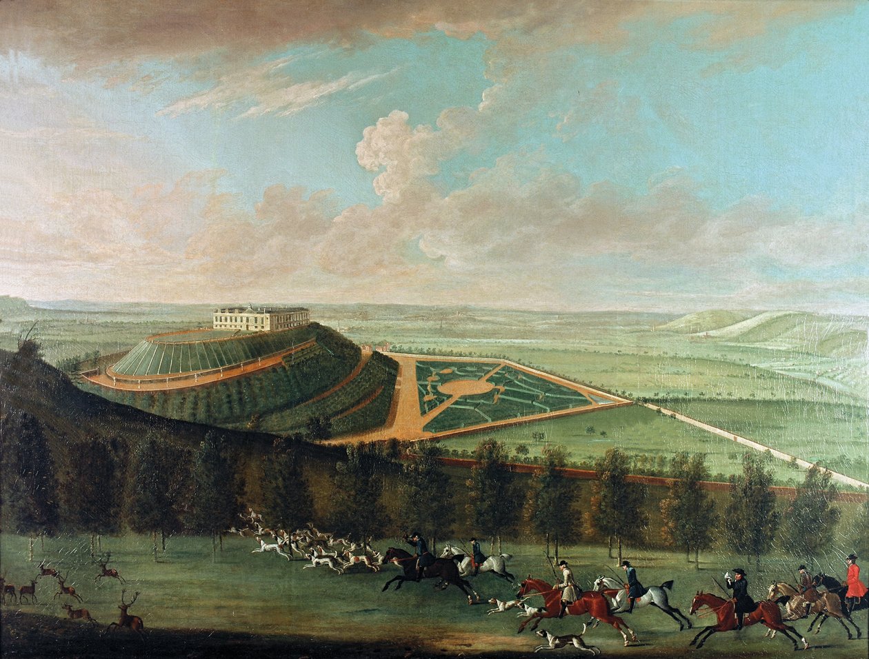 Utsikt över Belvoir Castle från sydväst, med Belvoir Hunt in Full Cry, 1730 av Thomas Badeslade