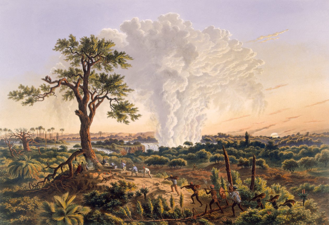 The Falls by Sunrise med sprutmolnet stigande 1 200 fot, 1865 (färgtryck) av Thomas Baines