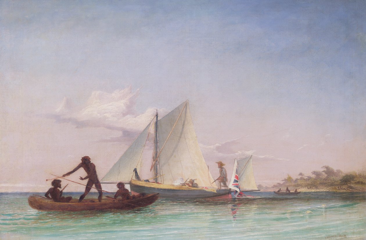 The Long Boat of the Messenger attackerad av infödda av Thomas Baines