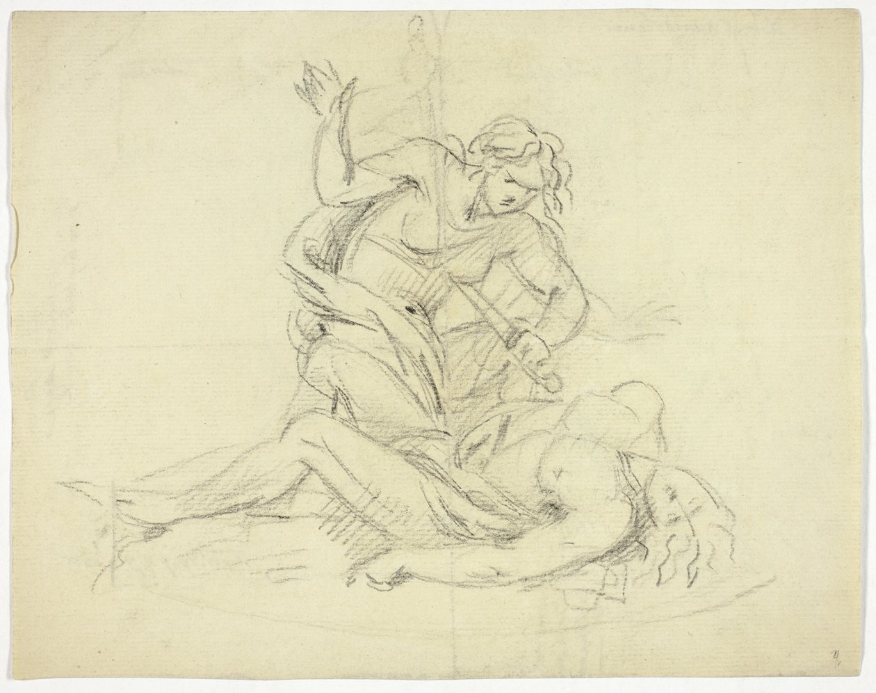 Pyramus och Thisbe (höger); Tre mansfigurer med mausoleumsplanritning (verso) av Thomas Banks
