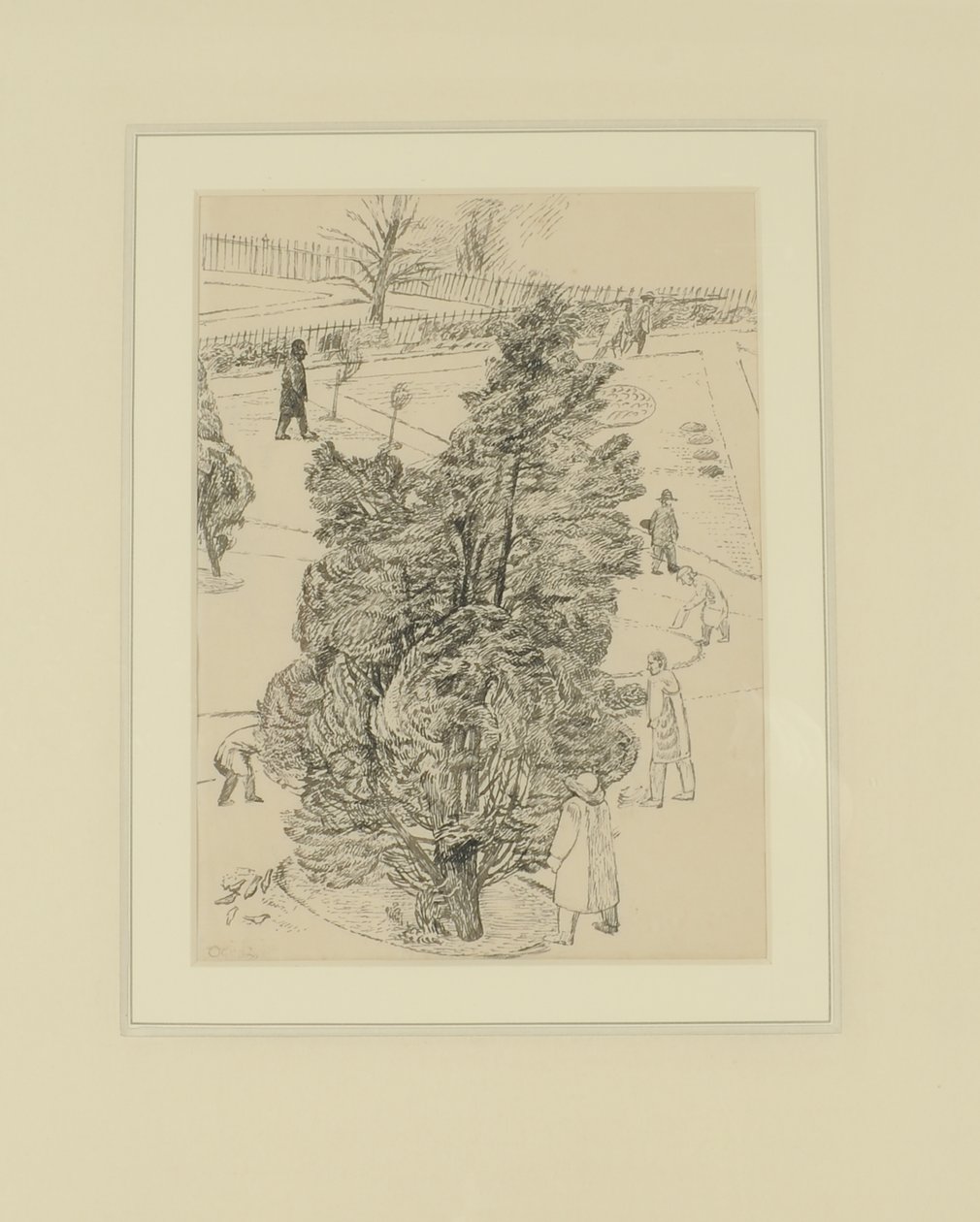 Figurer i parken; "Männen var tysta, träden pratade." Illustration för The Witnesses, före 1938 (penna och bläck på papper) av Thomas Barclay Hennell