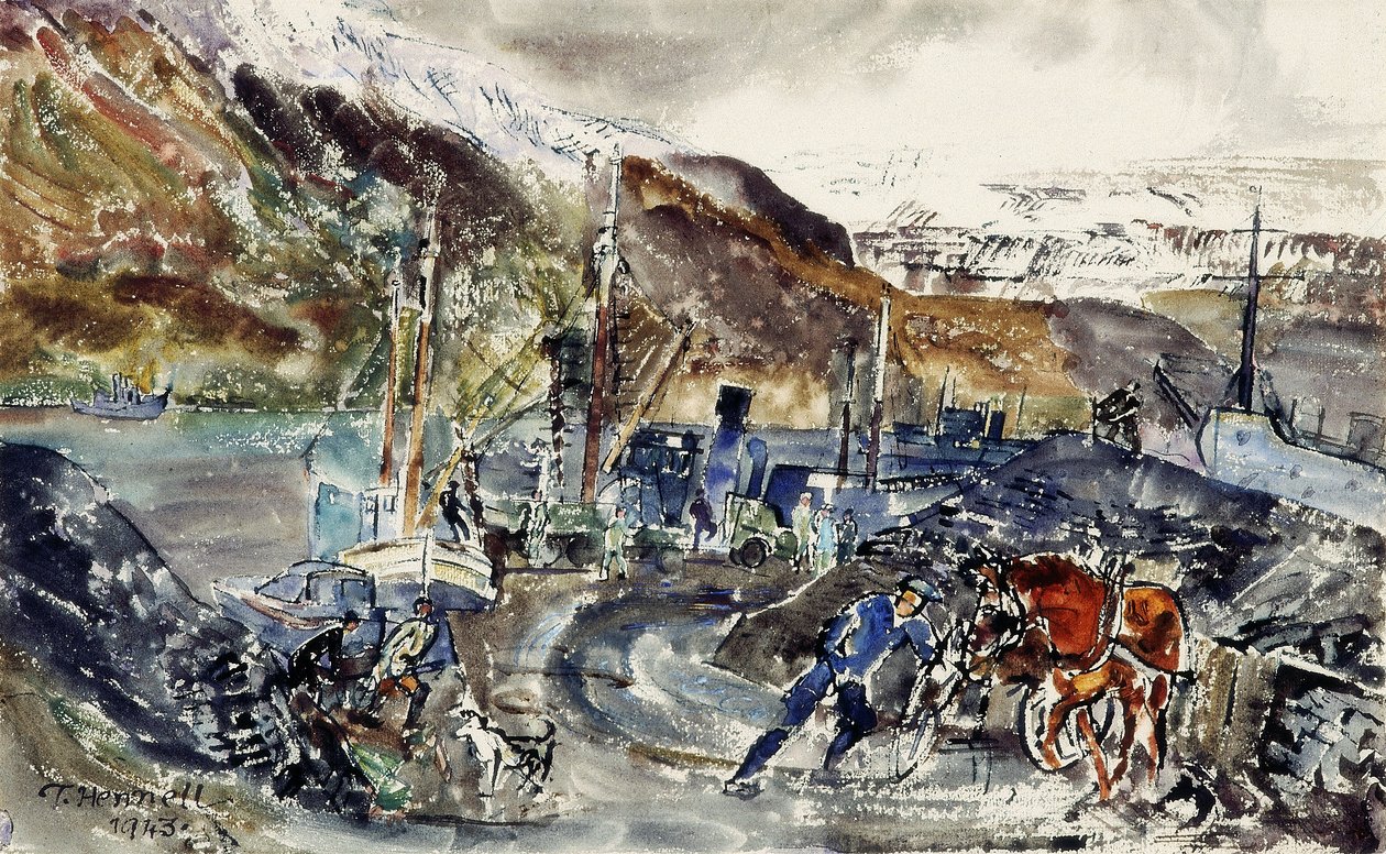 Lokala kolvagnar och trålare, Seydisfjordur, Island (akvarell på papper) av Thomas Barclay Hennell