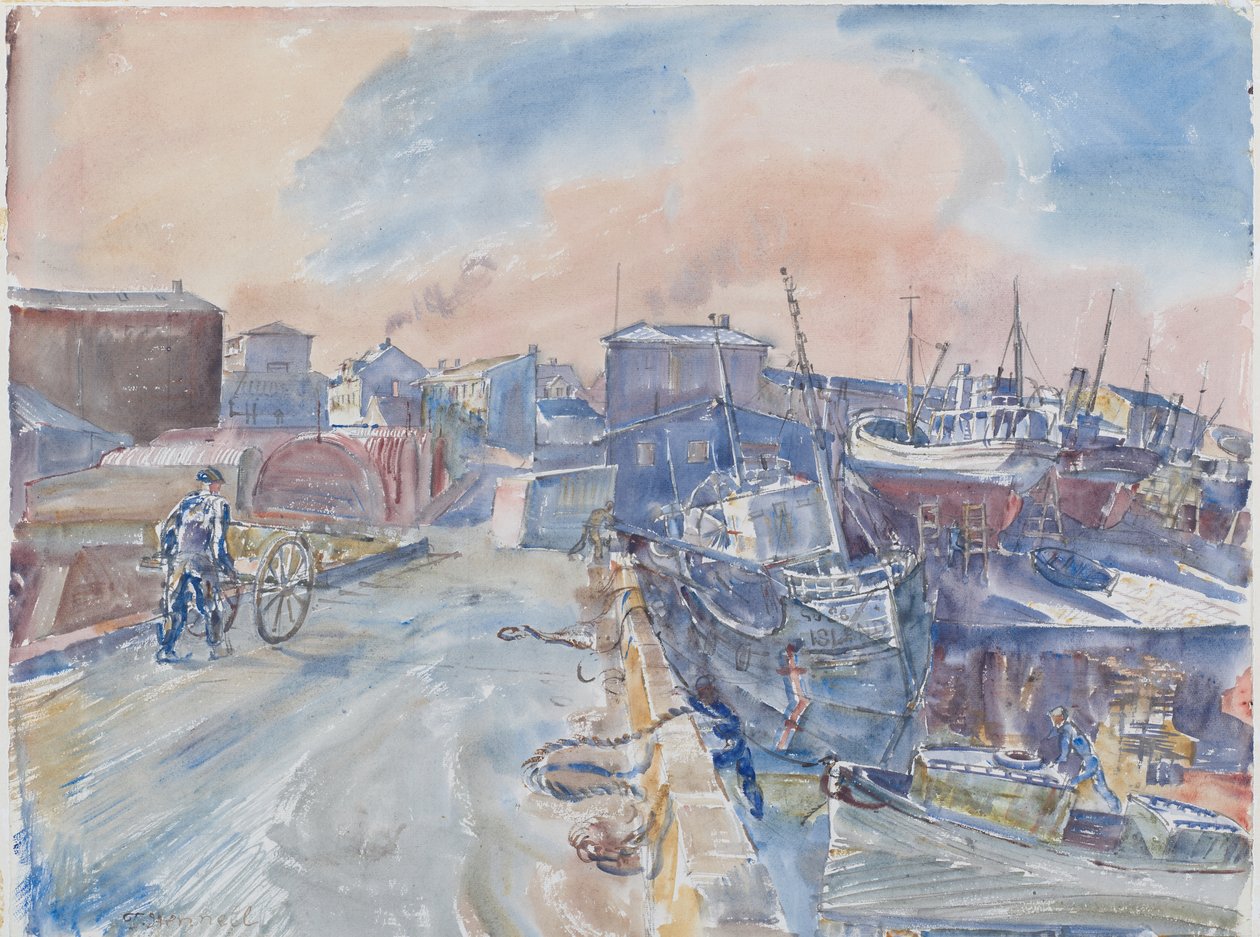 Reykjavik från Main Quay, Frosty Morning, Island, ca 1930 (akvarell och penna på papper) av Thomas Barclay Hennell