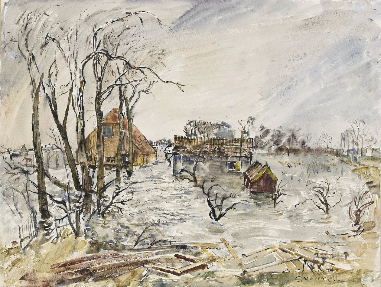 Ön Walcheren (Nederländerna) översvämmad. Målning av Thomas Hennel (1903-1945), akvarell 1944 av Thomas Barclay Hennell
