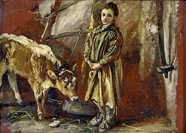 Pojke med en bunden kalv (olja på duk) av Thomas Barker