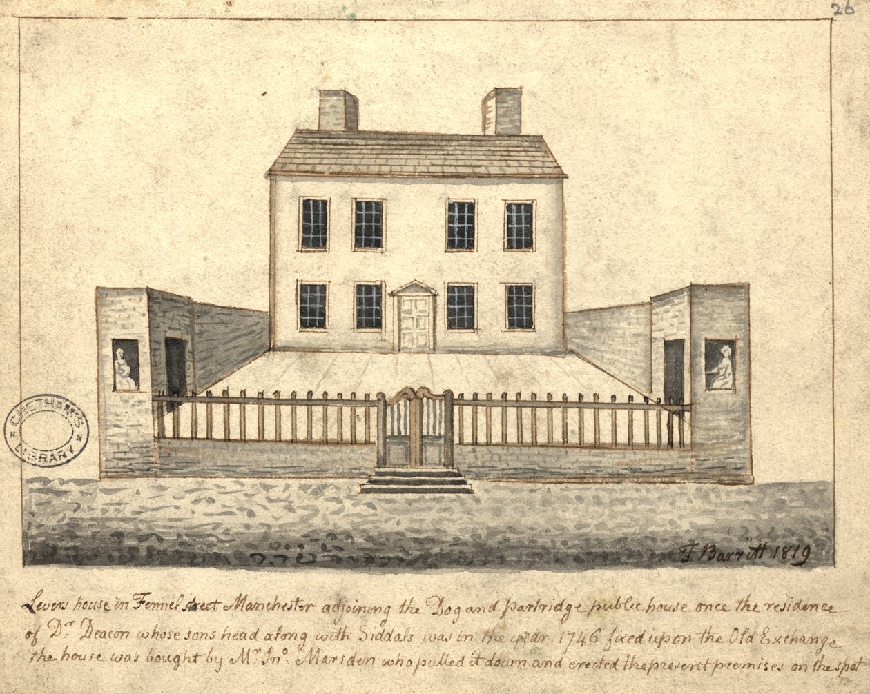 Levers House, Manchester, 1819 (penna och bläck och tvätt på papper) av Thomas Barritt