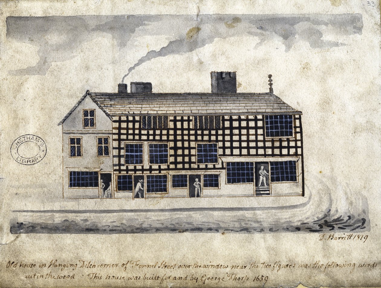 Old House on Hanging Ditch, Manchester, 1819 (penna och bläck och tvätt på papper) av Thomas Barritt