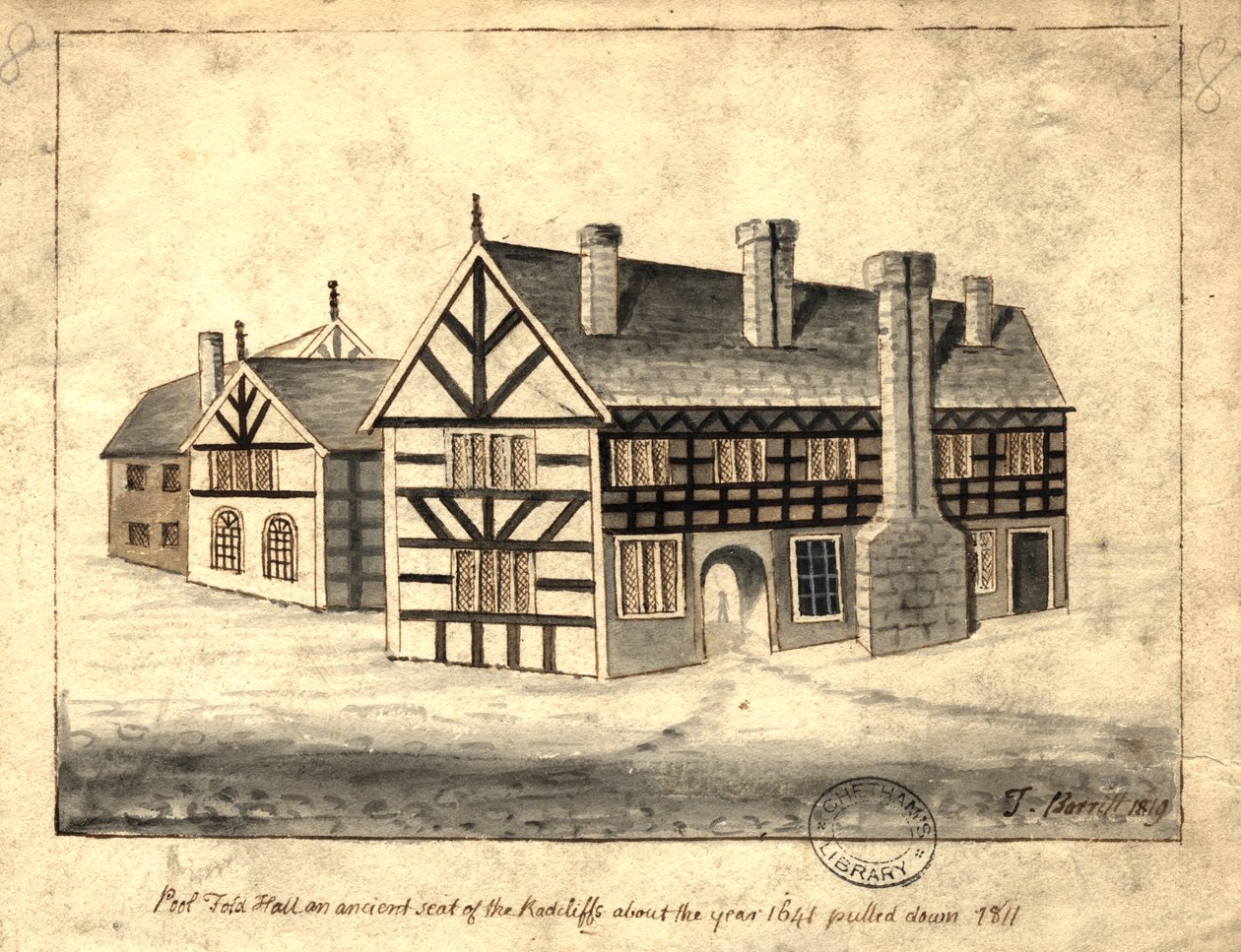 Pool Fold Hall, Manchester, 1819 (penna och bläck och tvätt på papper) av Thomas Barritt