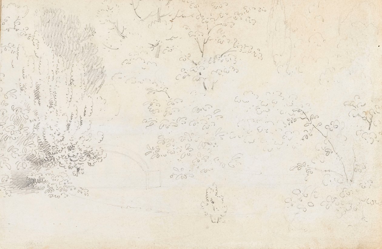 En studie i grafit av bron och träden från väster (a tergo) av Thomas Baxter