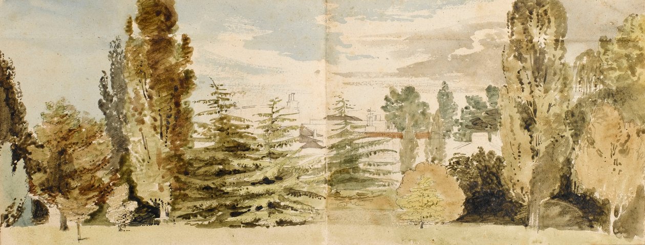 Vy över Merton Place från väster sett över gräsmattor och floden av Thomas Baxter