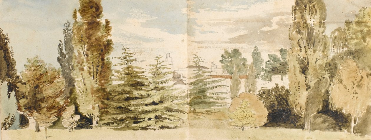 Vy över Merton Place från väster sett över gräsmattor och floden av Thomas Baxter
