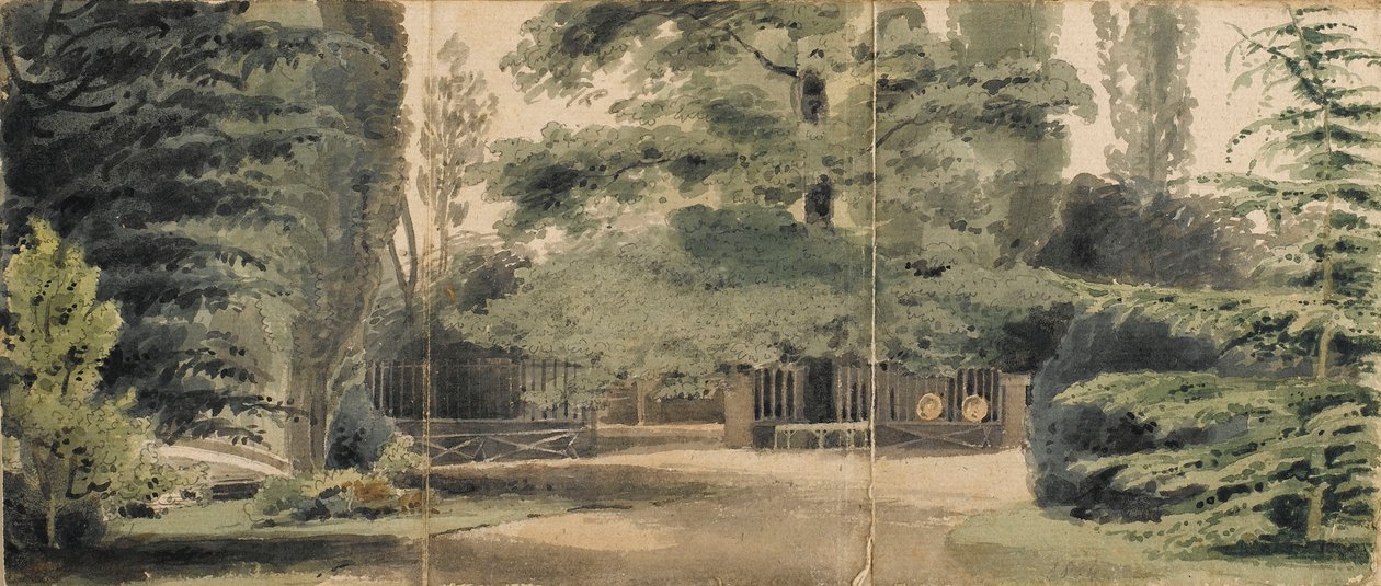 Stigar och ett staket under träd i parken vid Merton av Thomas Baxter