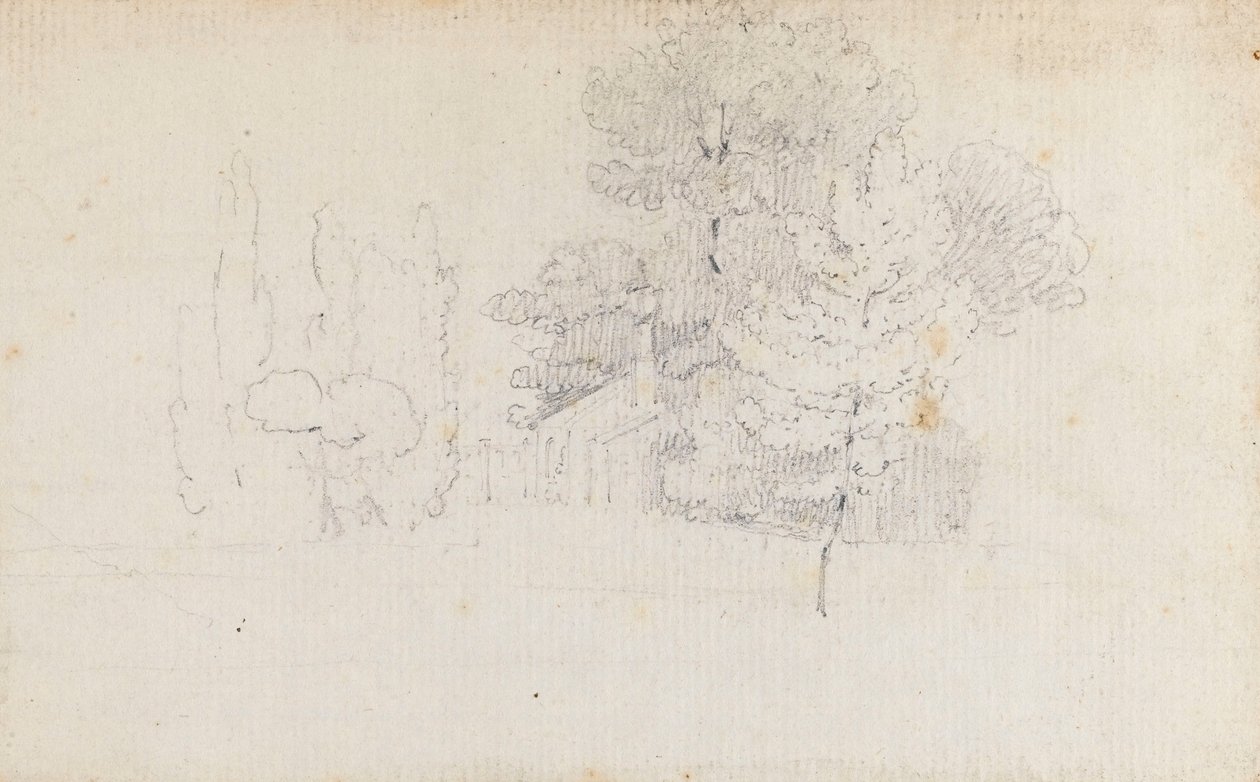 Studie av träd och en liten byggnad på Merton Place av Thomas Baxter