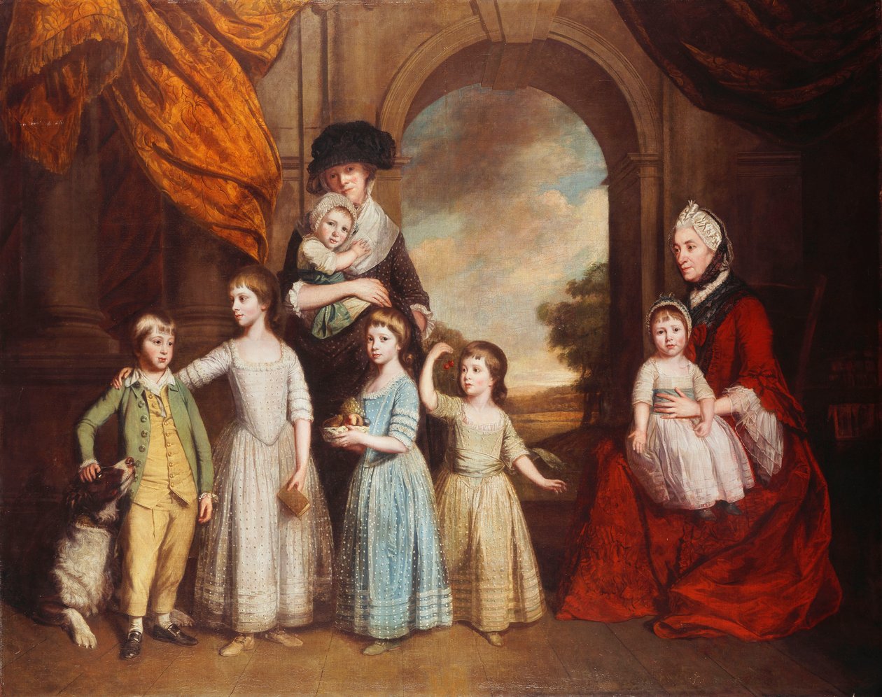 A Group Portrait of the Craven Children, fullängds, före en båge med ett landskap bortom, 1776 av Thomas Beach