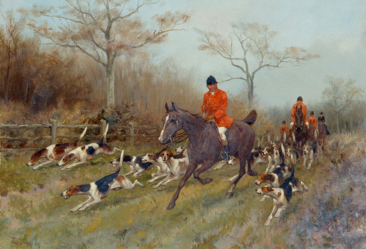 Jägare och hundar i ett skogigt landskap av Thomas Blinks