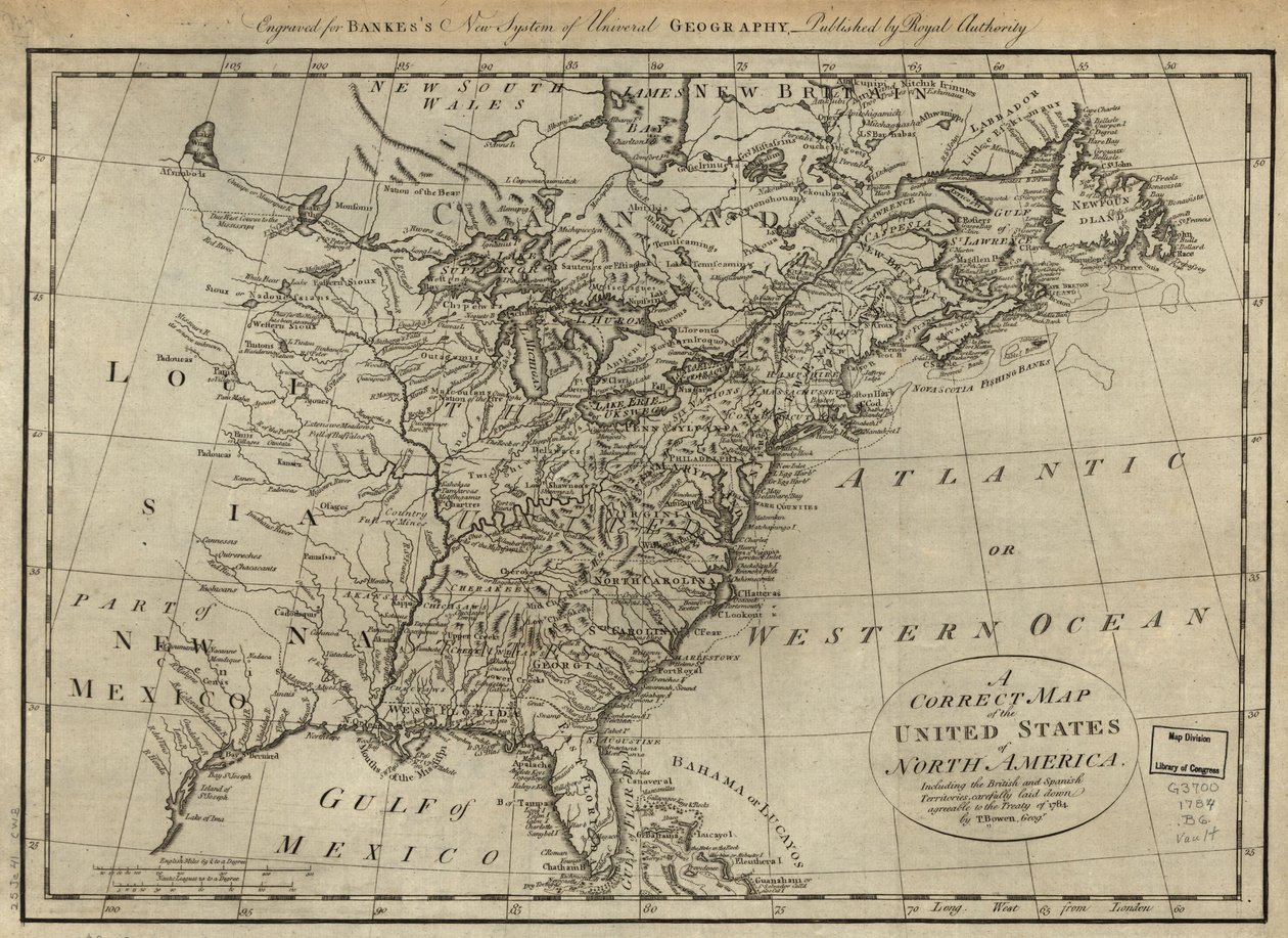 En korrekt karta över Nordamerikas förenta stater, inklusive de brittiska och spanska territorierna, noggrant fastställd i enlighet med 1784 års fördrag. LOC 74692103 av Thomas Bowen