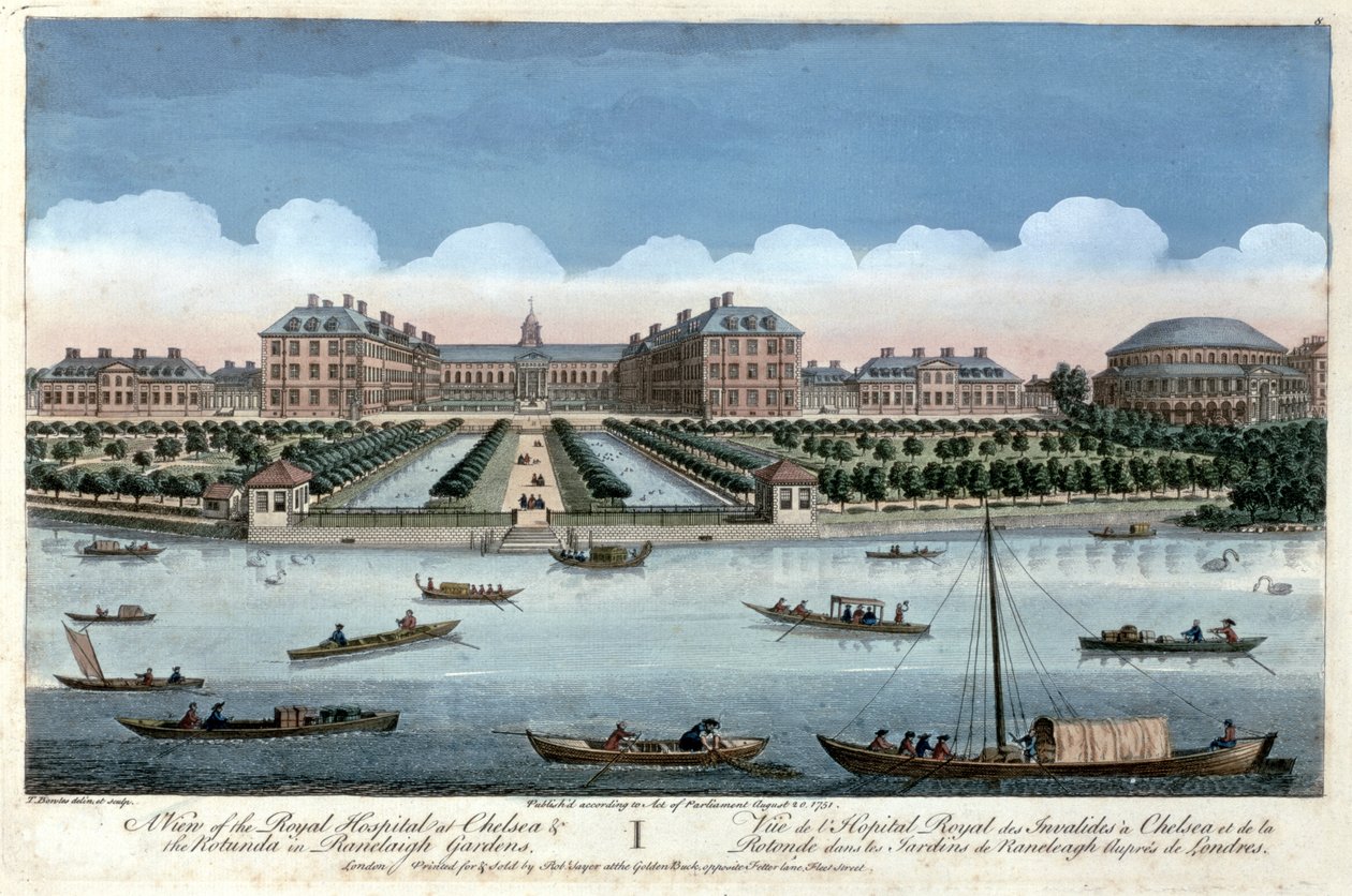 En utsikt över Royal Hospital i Chelsea och Rotundan i Ranelagh Gardens, London, 1751 av Thomas Bowles