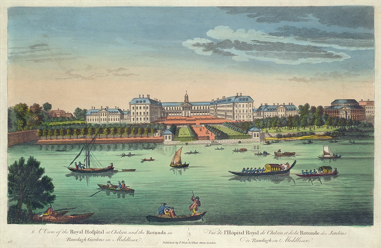 En vy av Royal Hospital i Chelsea och Rotundan i Ranelagh Gardens, pub. av Robert Sayer, 1751 av Thomas Bowles
