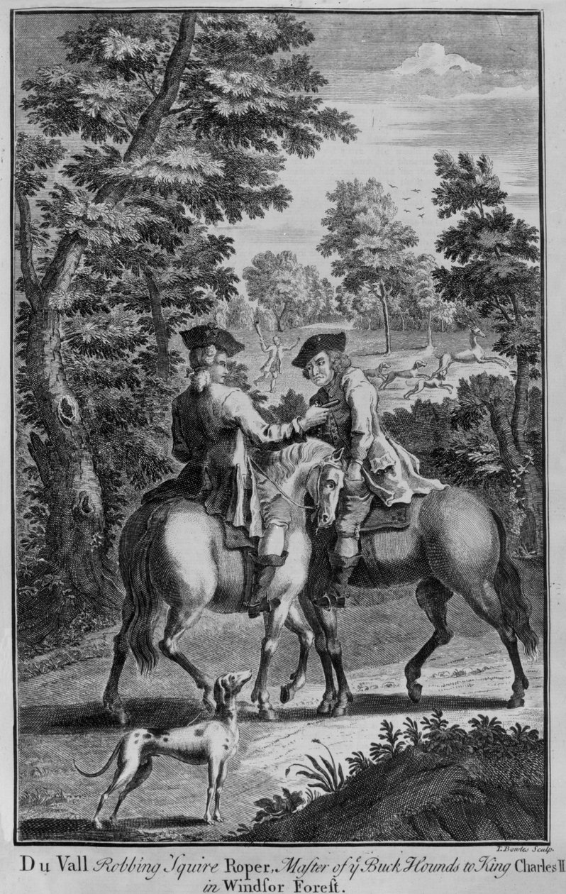 Claude Duval rånar Squire Roper, bockhundarnas mästare till kung Charles II, i Windsor Forest av Thomas Bowles