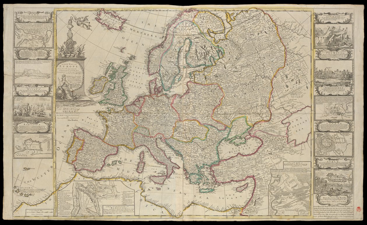 Ny Europakarta upprättad efter de noggrannaste observationerna som meddelats till Royal Society i London och Paris, ca 1720 (teknisk ritning) av Thomas Bowles