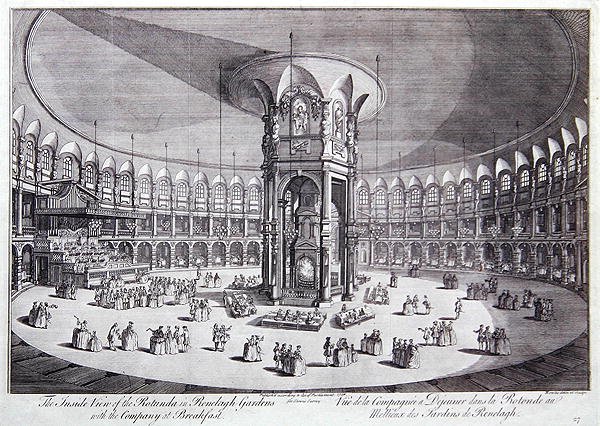 Insidan av Rotundan i Ranelagh Gardens med företaget vid frukost, från John Stows "Survey of the Cities of London and Westminster" av Thomas Bowles