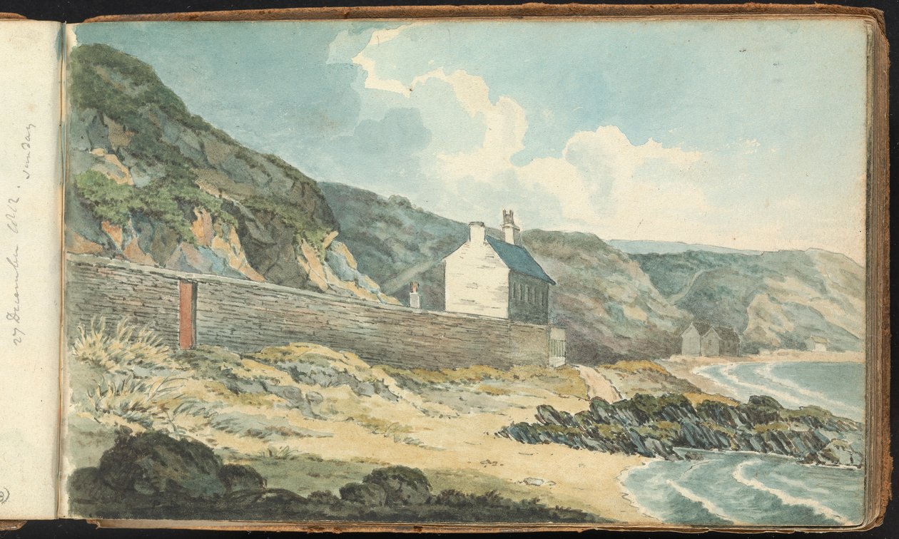Album med landskaps- och figurteckningar: Hus på en stenig strandlinje av Thomas Bradshaw