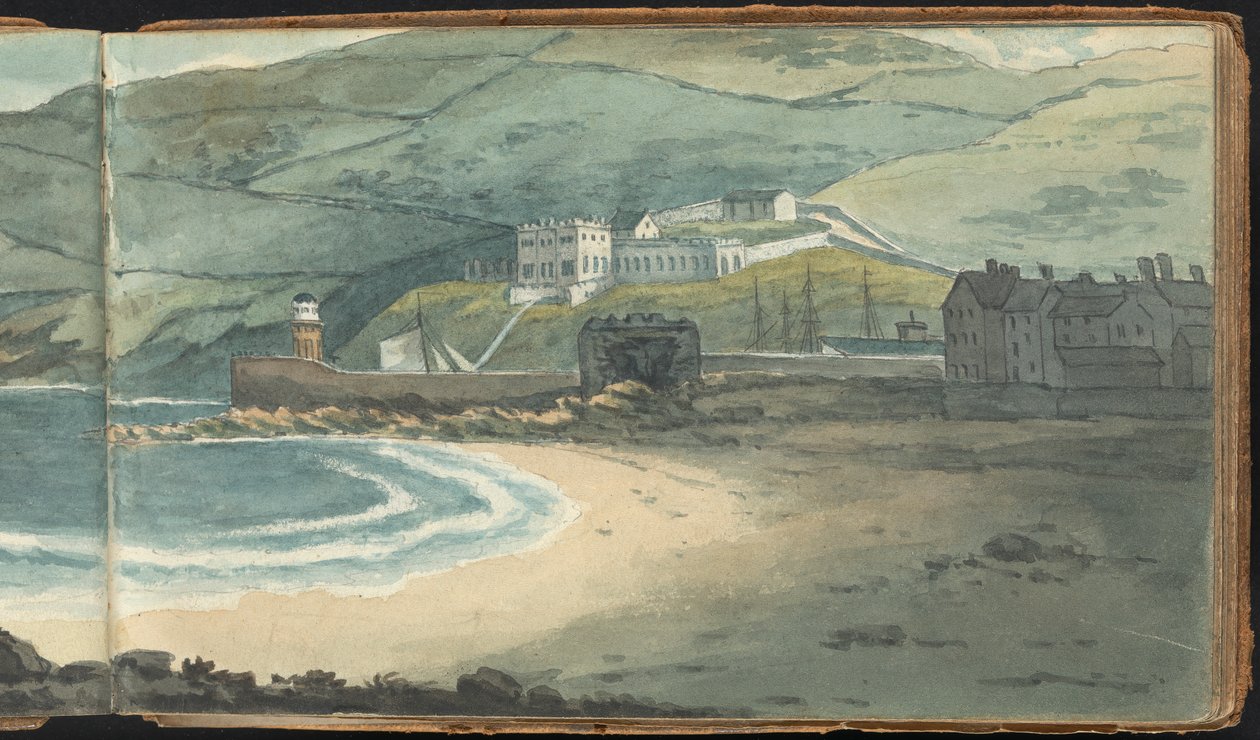 Album av landskaps- och figurstudier: En ödslig hamn omgiven av morer av Thomas Bradshaw