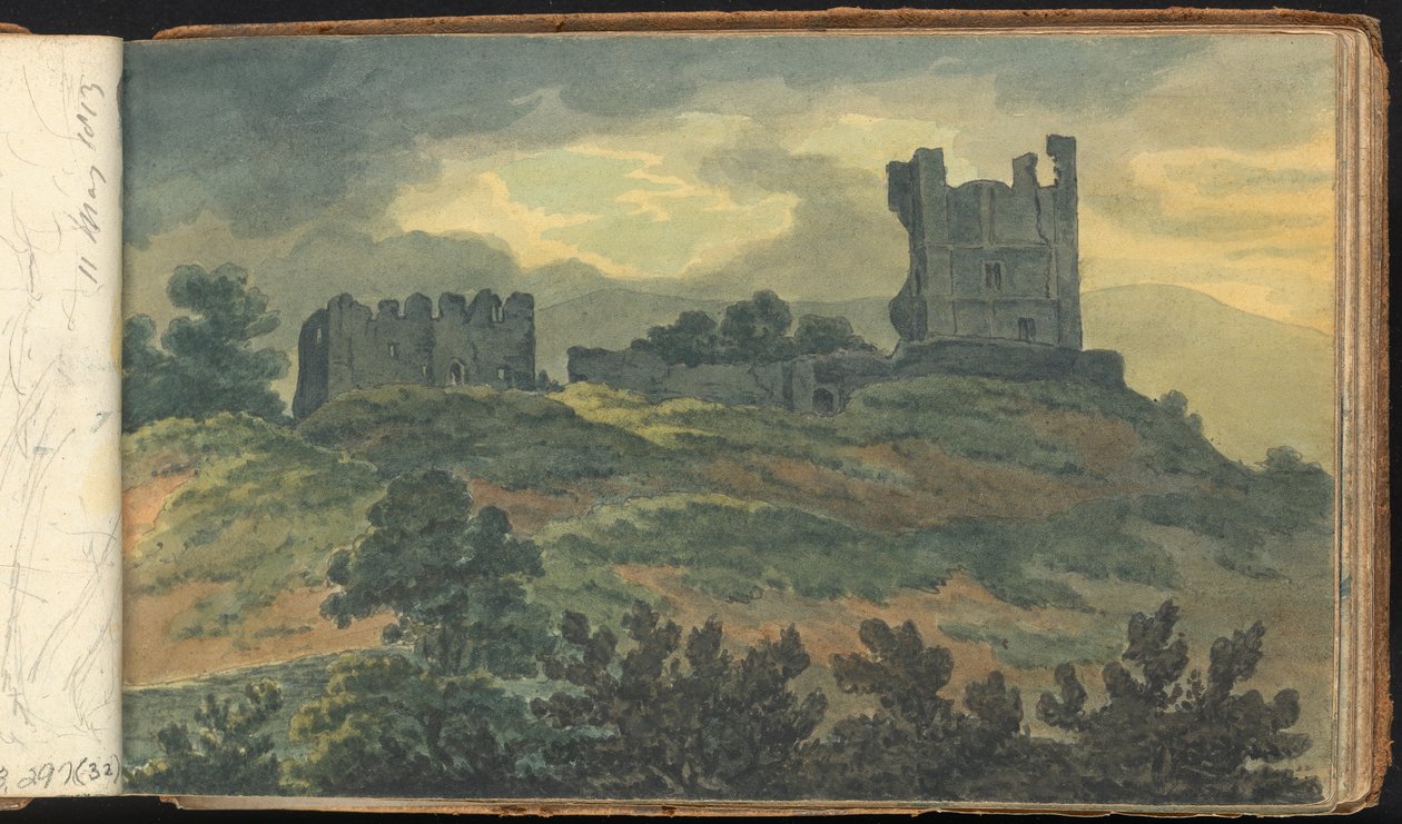Album med landskaps- och figurstudier: Castle Ruins on a Hilltop av Thomas Bradshaw