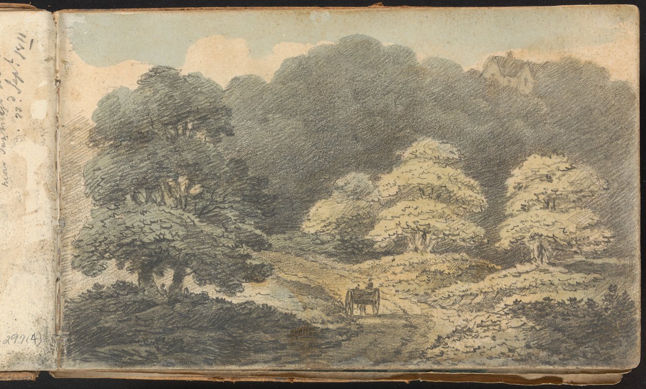 Album med landskaps- och figurstudier: Landskapsscen med häst och vagn nära Tunbridge Wells av Thomas Bradshaw