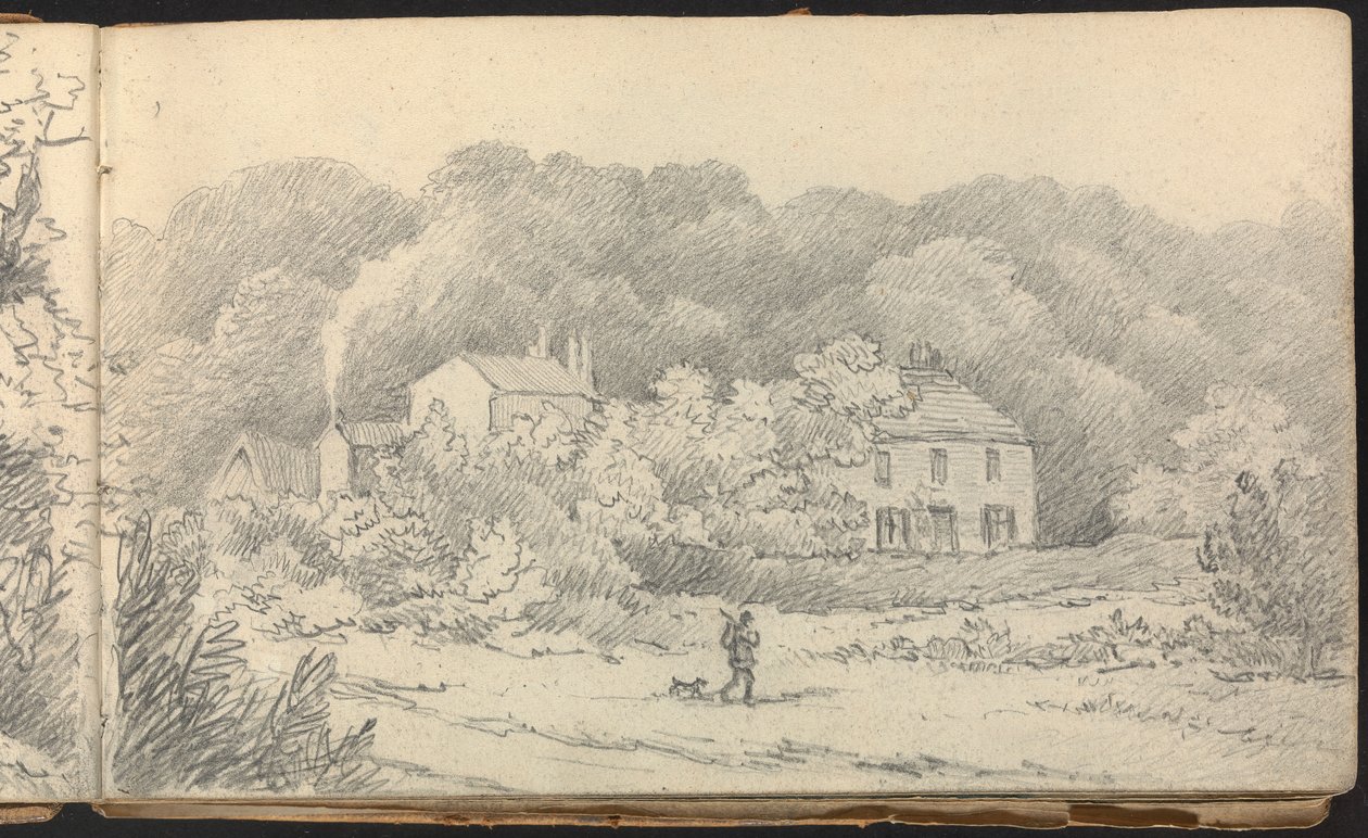 Album med landskaps- och figurstudier: Lantlig scen med hus och en jägare och hans hund av Thomas Bradshaw
