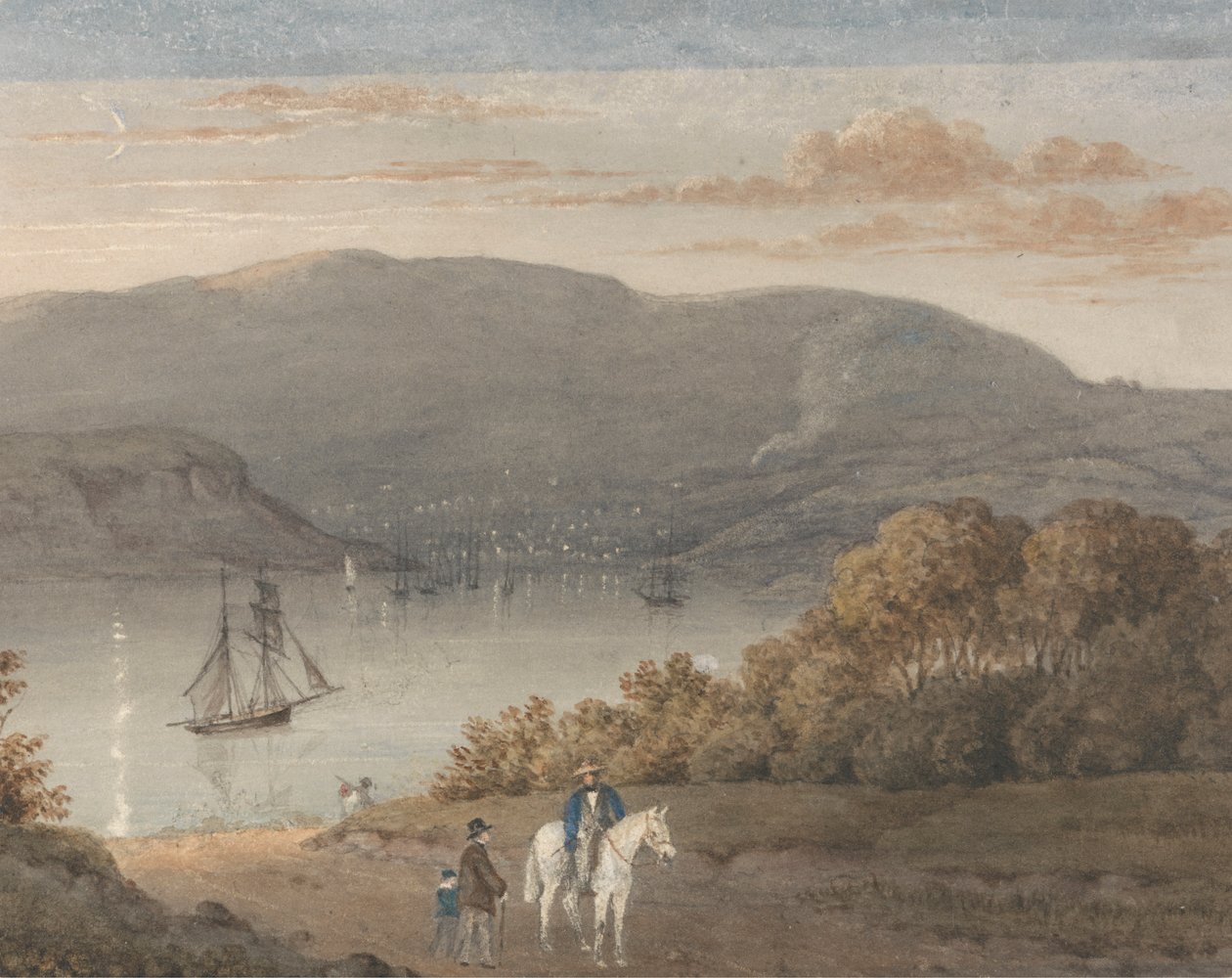Port Louis från La Petite Montagne (Twilight) med en ryttare och figurer i förgrunden av Thomas Bradshaw