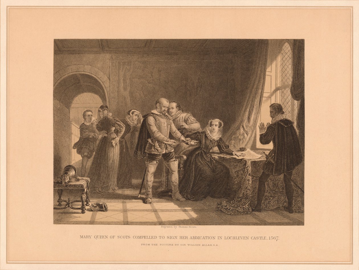 Mary Queen of Scots tvingades underteckna sin abdikation i Lochleven Castle, 1567, 1878 av Thomas Brown