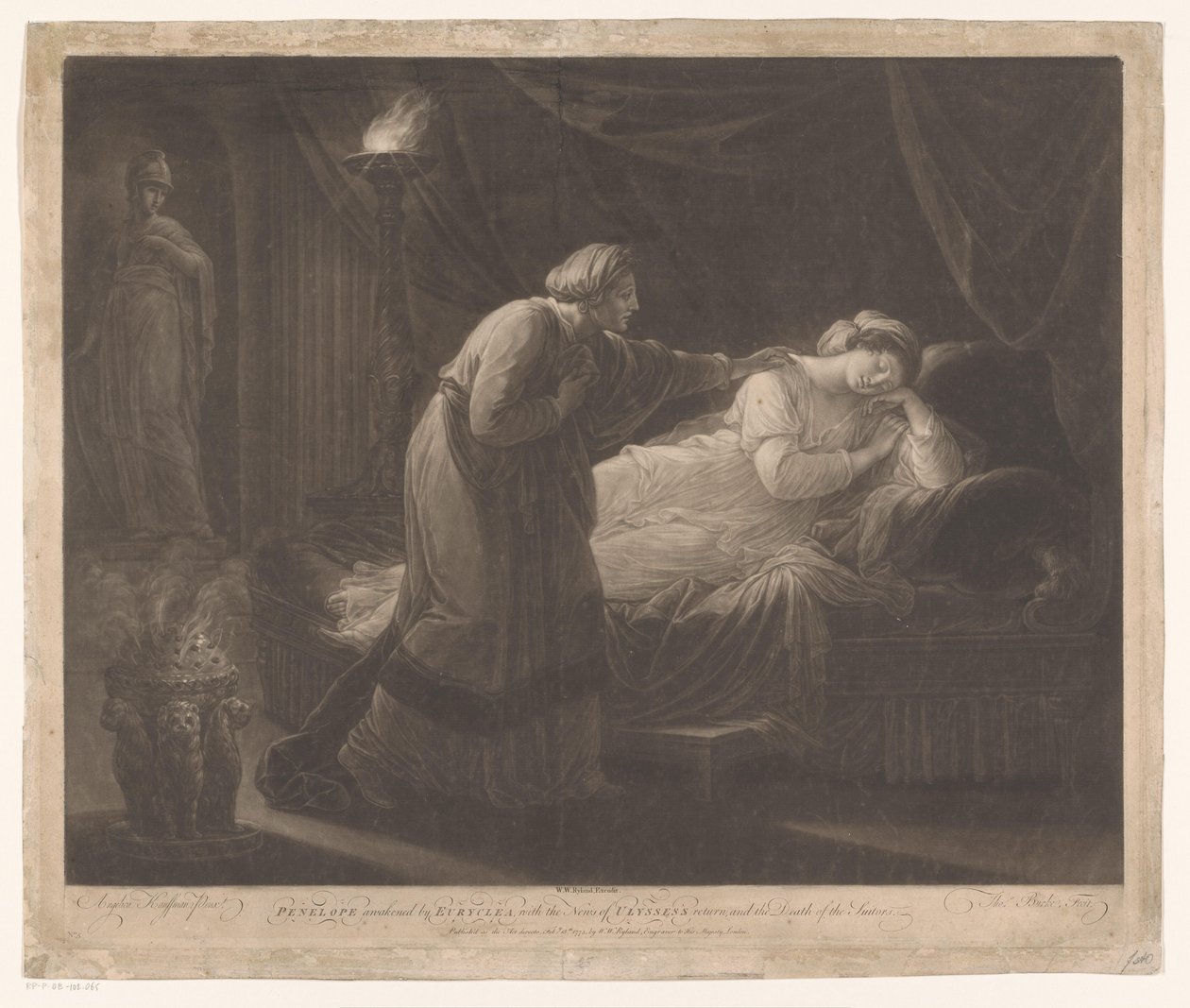 Penelope blir gewekt genom Euryclea Penelope väcktes av Euryclea, med nyheterna om Ulysses återkomst och friarnas död (titel på objektet) av Thomas Burke