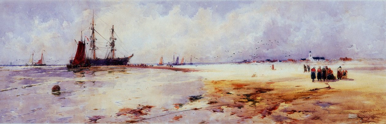 Fisherfolk at Katwyk Sands (kroppsfärg och akvarell på papper (ombord)) av Thomas Bush Hardy