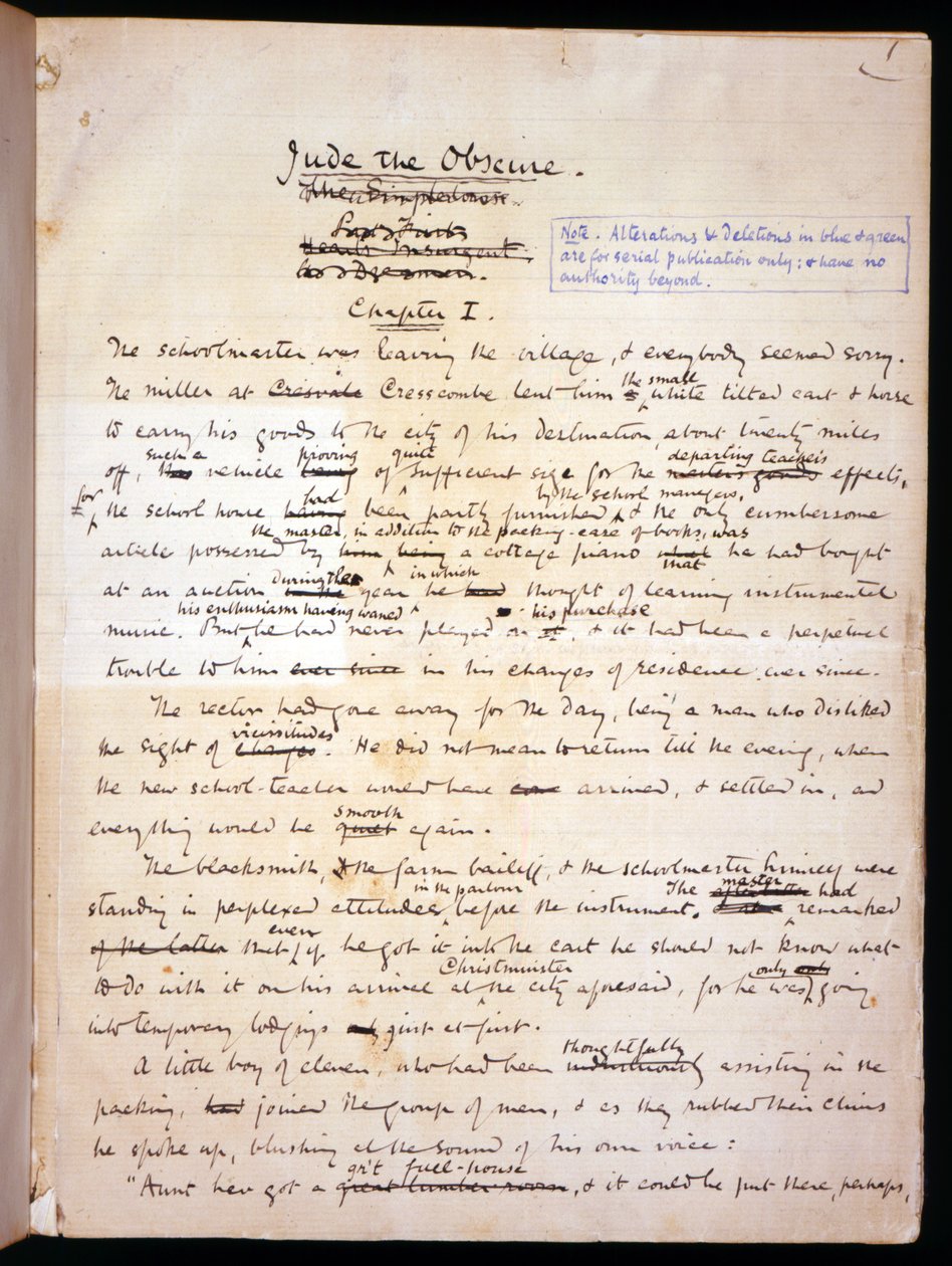 Ms 1-1911, s.1 Sida från "Jude the Obscure", ca 1894 (bläck på papper) av Thomas Bush Hardy