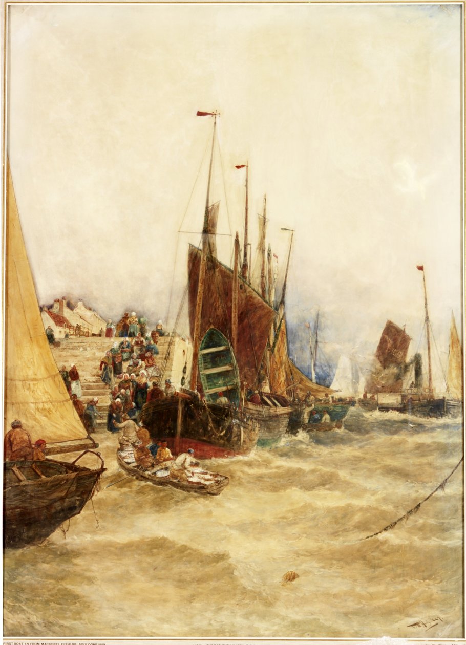 Den första båten från makrillfisket i Boulogue, 1889 (akvarell på papper, lagt på duk) av Thomas Bush Hardy