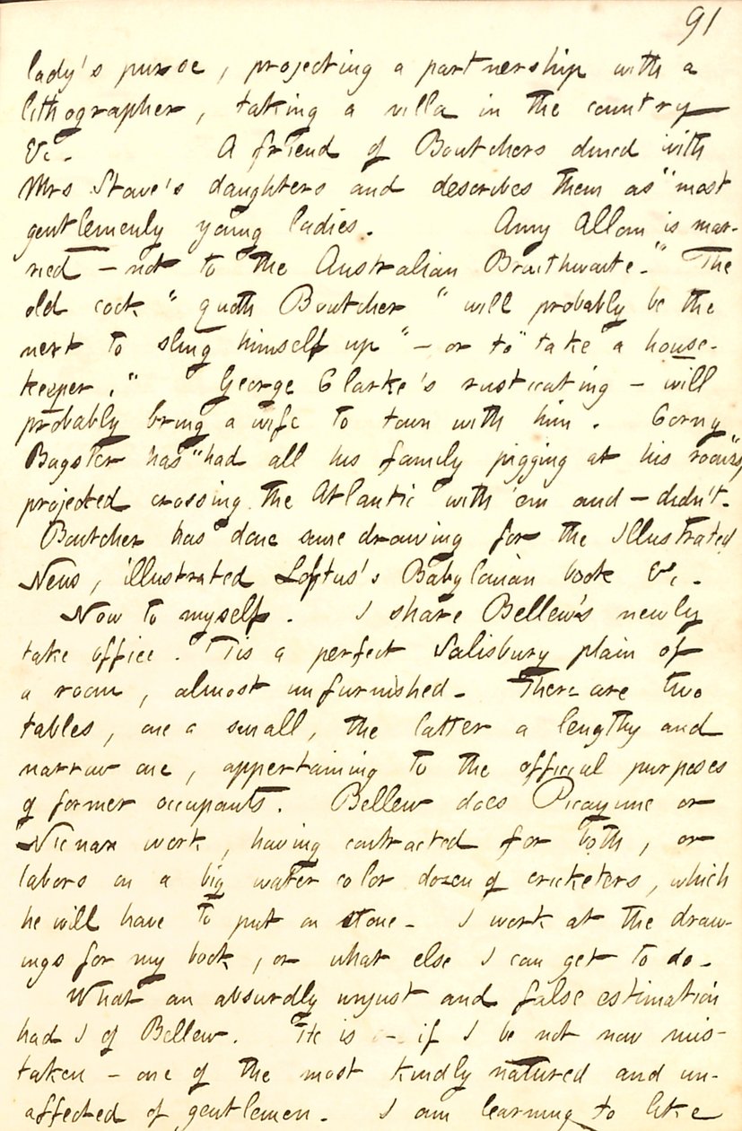 Beskriver kontoret han delar med Frank Bellew och ett brev från William Boutcher.     Transkription av Thomas Butler Gunn