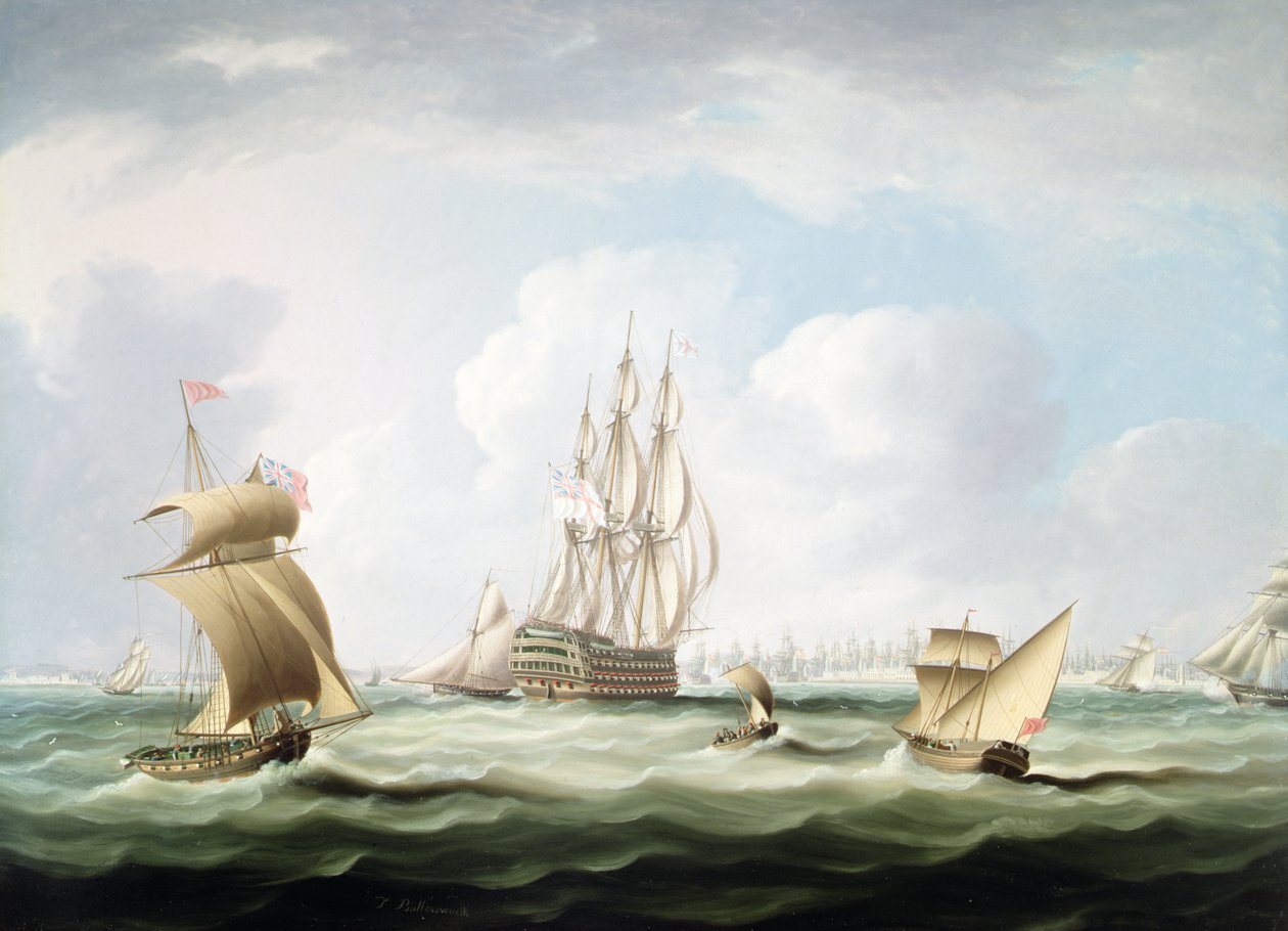 En första klass med en viceamiral från White Board och annat hantverk i Cadiz Bay (olja på duk) av Thomas Buttersworth