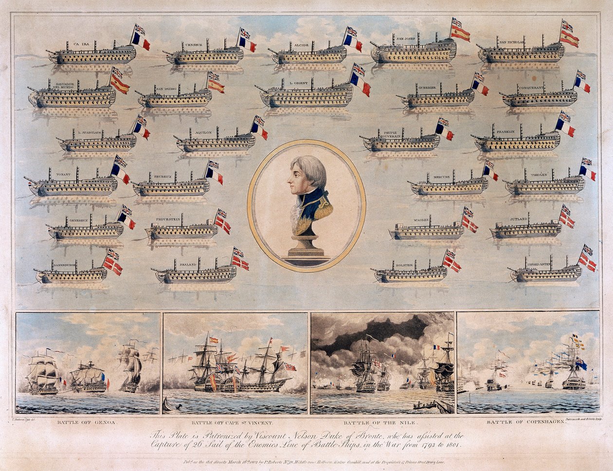 De örlogsfartyg som erövrades av Horatio Nelson (1758-1805) mellan 1793 och 1801, under sjöslagen vid Genua (eller Kap Noli, Italien av Thomas Buttersworth