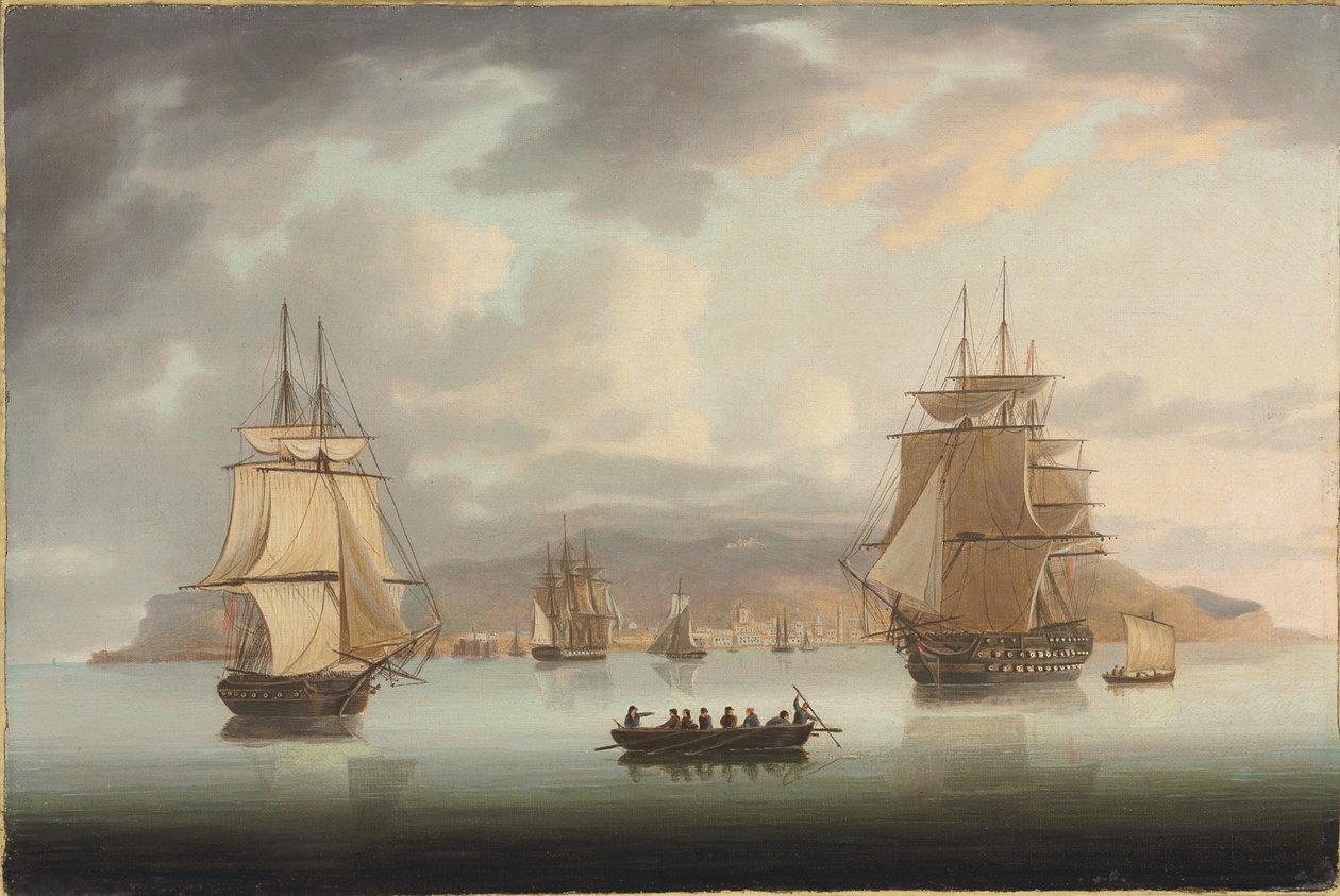 Funchal Roadstead, H.M.S. Blenheim med vinthund och harrier utåtgående, 1805 av Thomas Butterworth