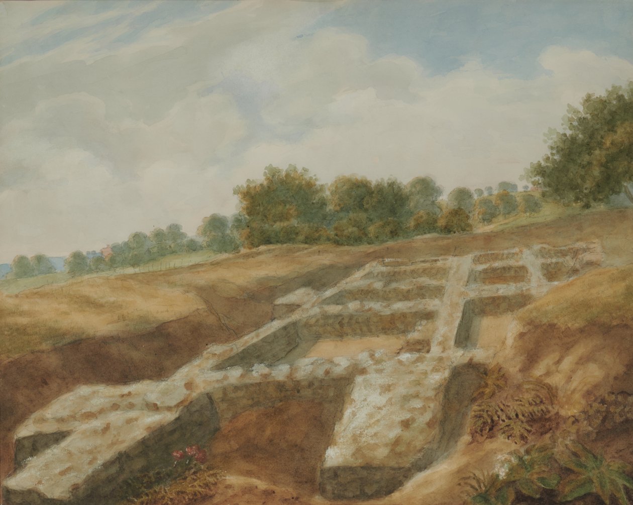 Utgrävning, berget, romersk villa, Maidstone, Kent av Thomas Charles